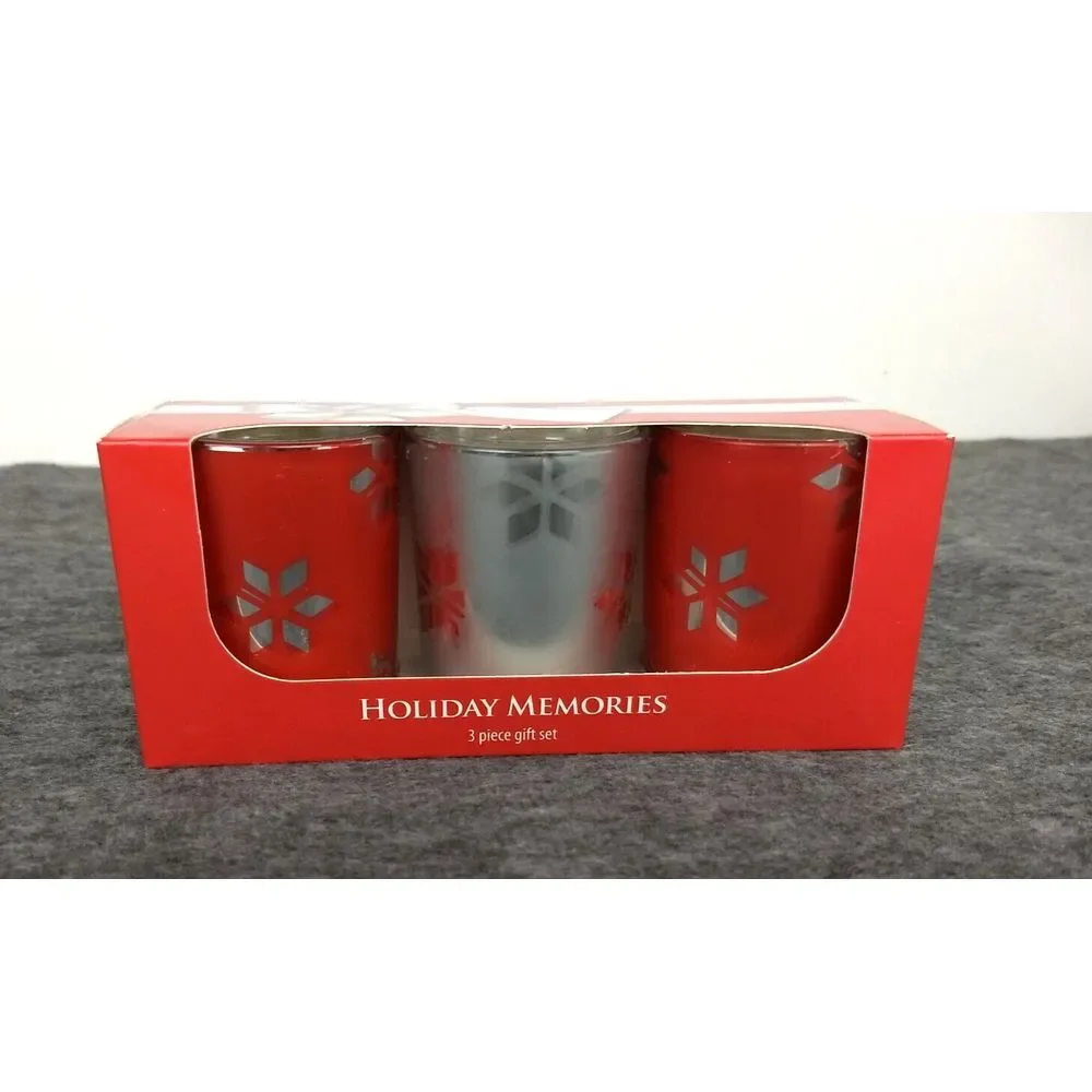 Kohls 3‎ Pc Votive Candle Gift Set Holiday Memories Red & Silver Hostess NEW